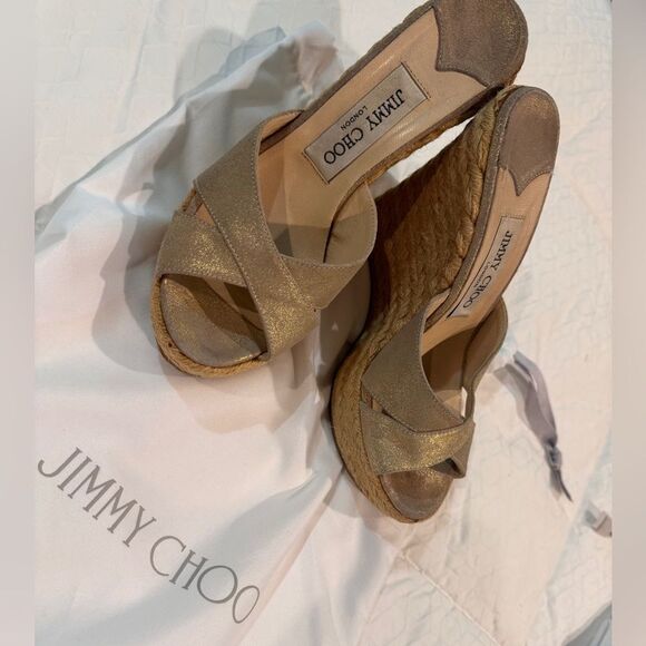 Jimmy Choo Shoes - JIMMY CHOO Gold Wedge ESPADRILLE Slides SZ 36 with dust bag